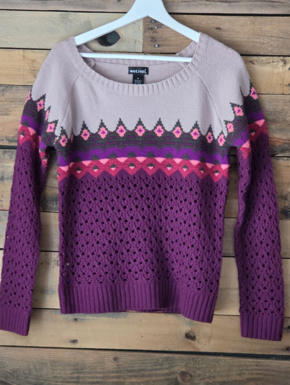 Wet Seal Purple and Blush Fair Isle Openwork Knit Sweater